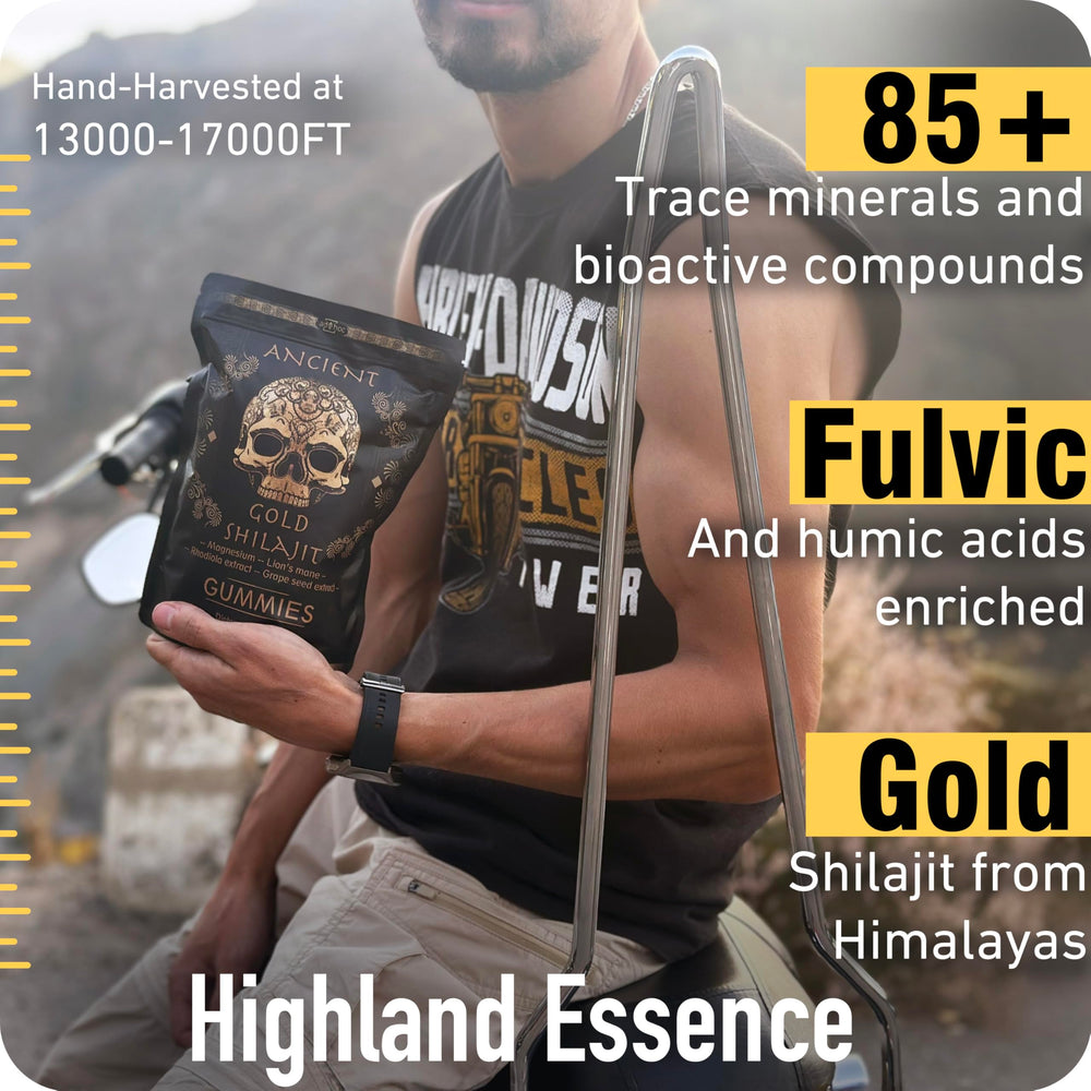 ad hoc gold shilajit gummies label emphasizes vegan, non-GMO, 60-count convenience.