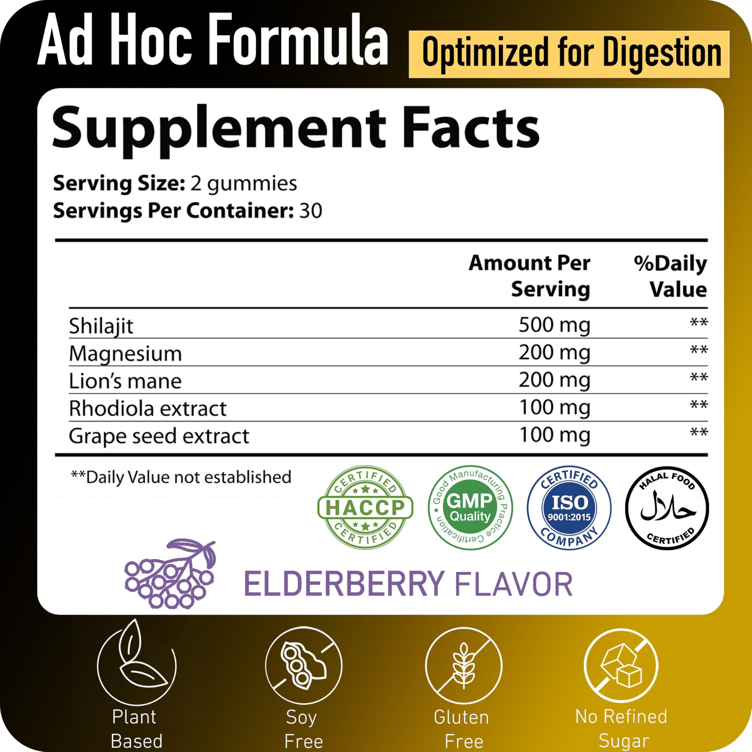 ad hoc gold shilajit gummies packaging front conveys premium Himalayan shilajit experience.