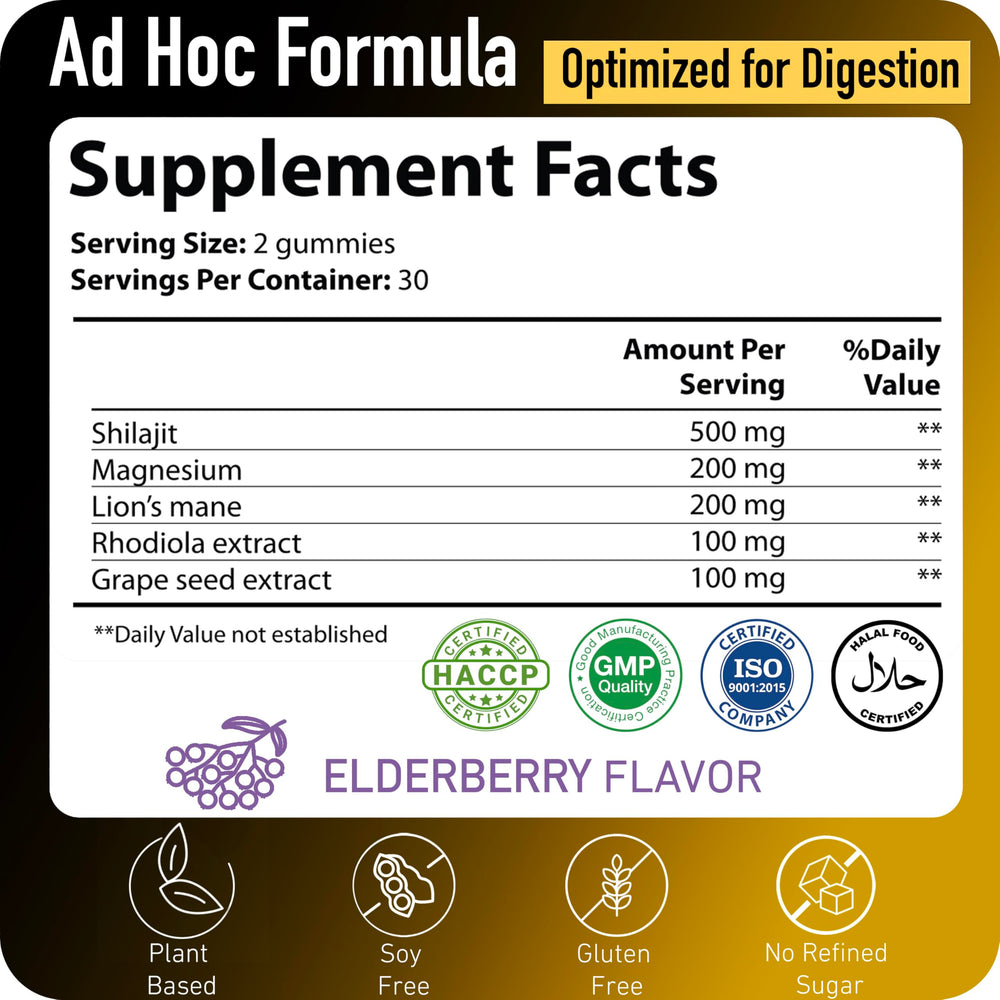 ad hoc gold shilajit gummies packaging front conveys premium Himalayan shilajit experience.
