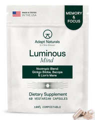 Adapt Naturals Luminous Mind bottle on a tidy desk supports daytime focus.