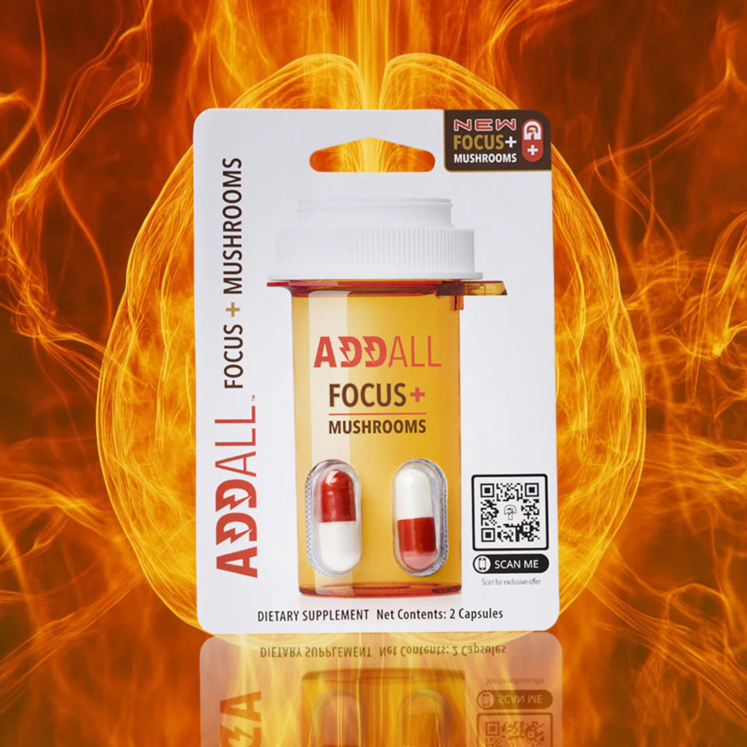Addall Focus Mushrooms bottle on desk for workplace productivity.