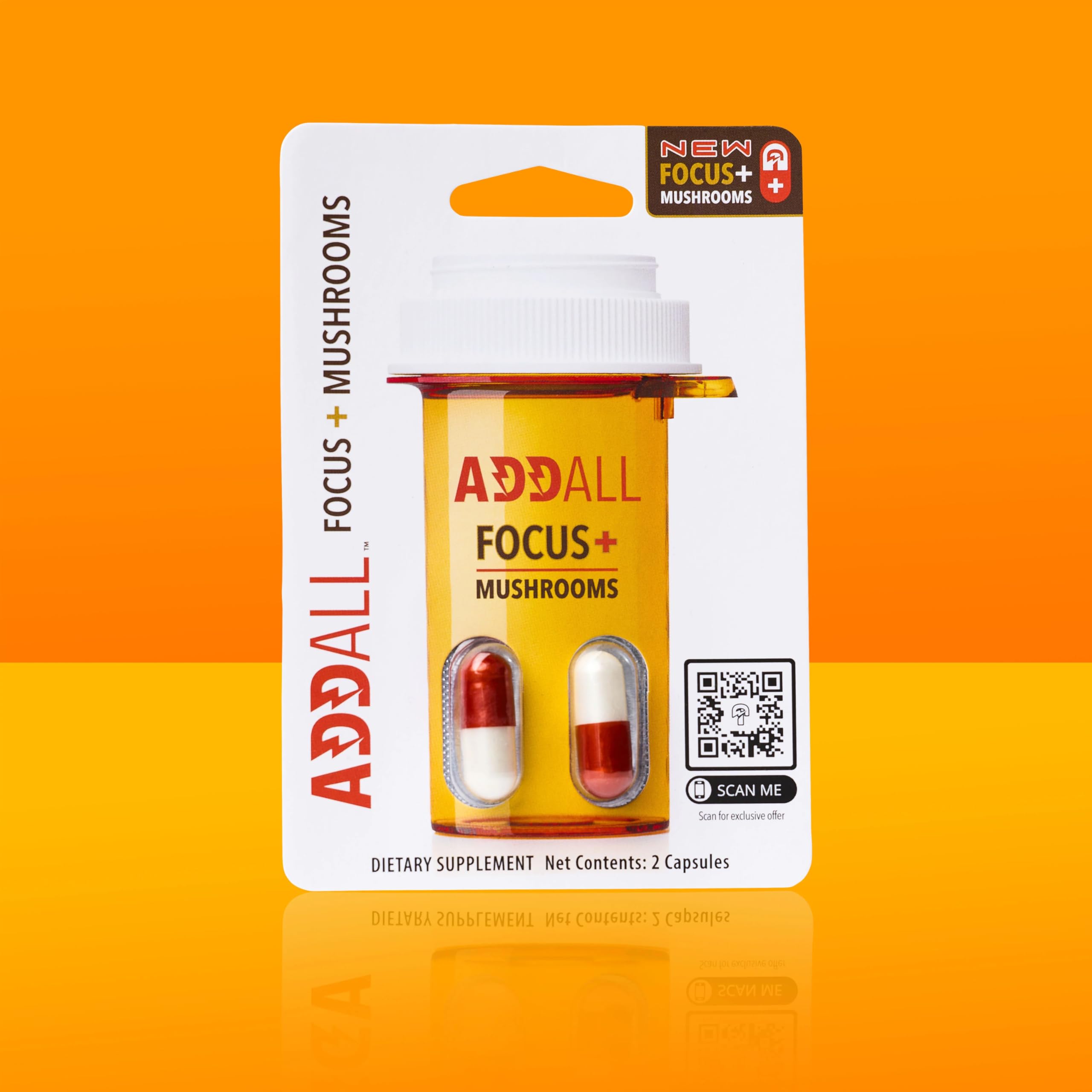 Addall Focus Mushrooms capsules close-up for sustained energy.