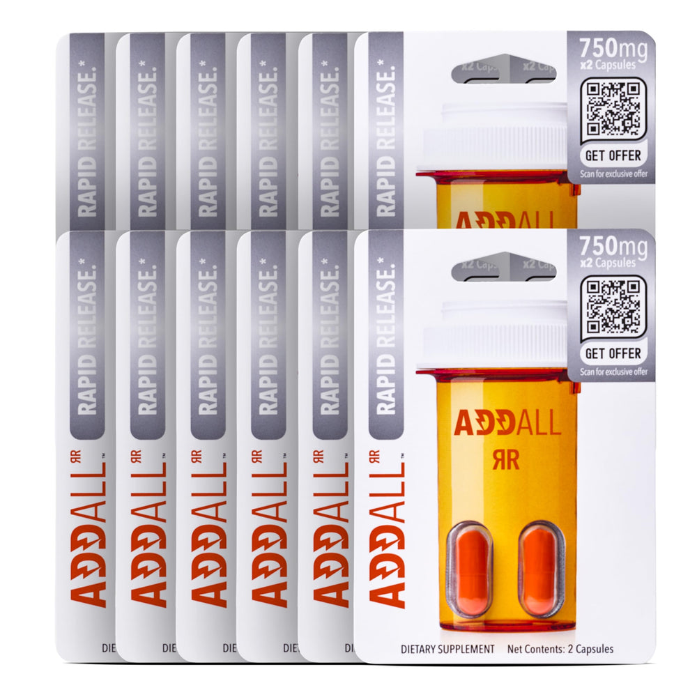Addall Rapid Release bottle and capsules for focused energy during study sessions.
