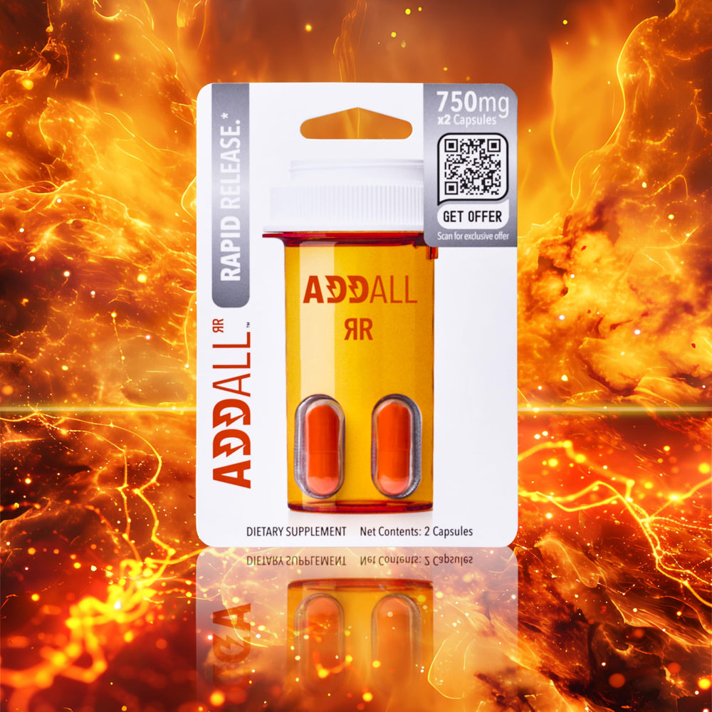 Addall Rapid Release pills beside a notebook for work or exams.