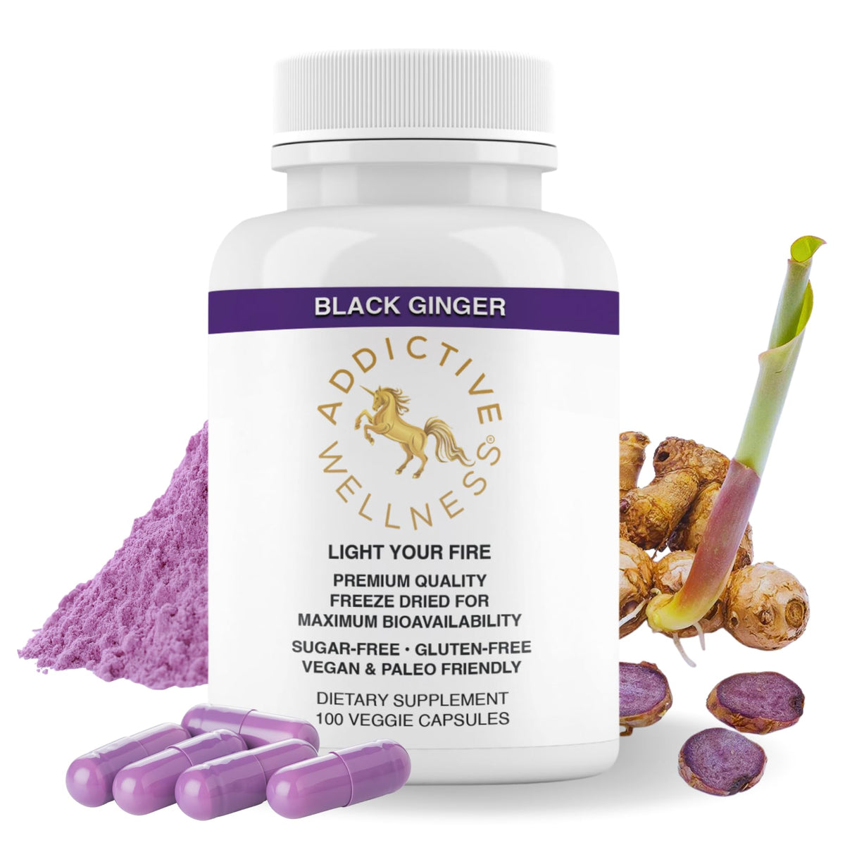 Addictive Wellness Black Ginger capsules bottle for daily energy support.