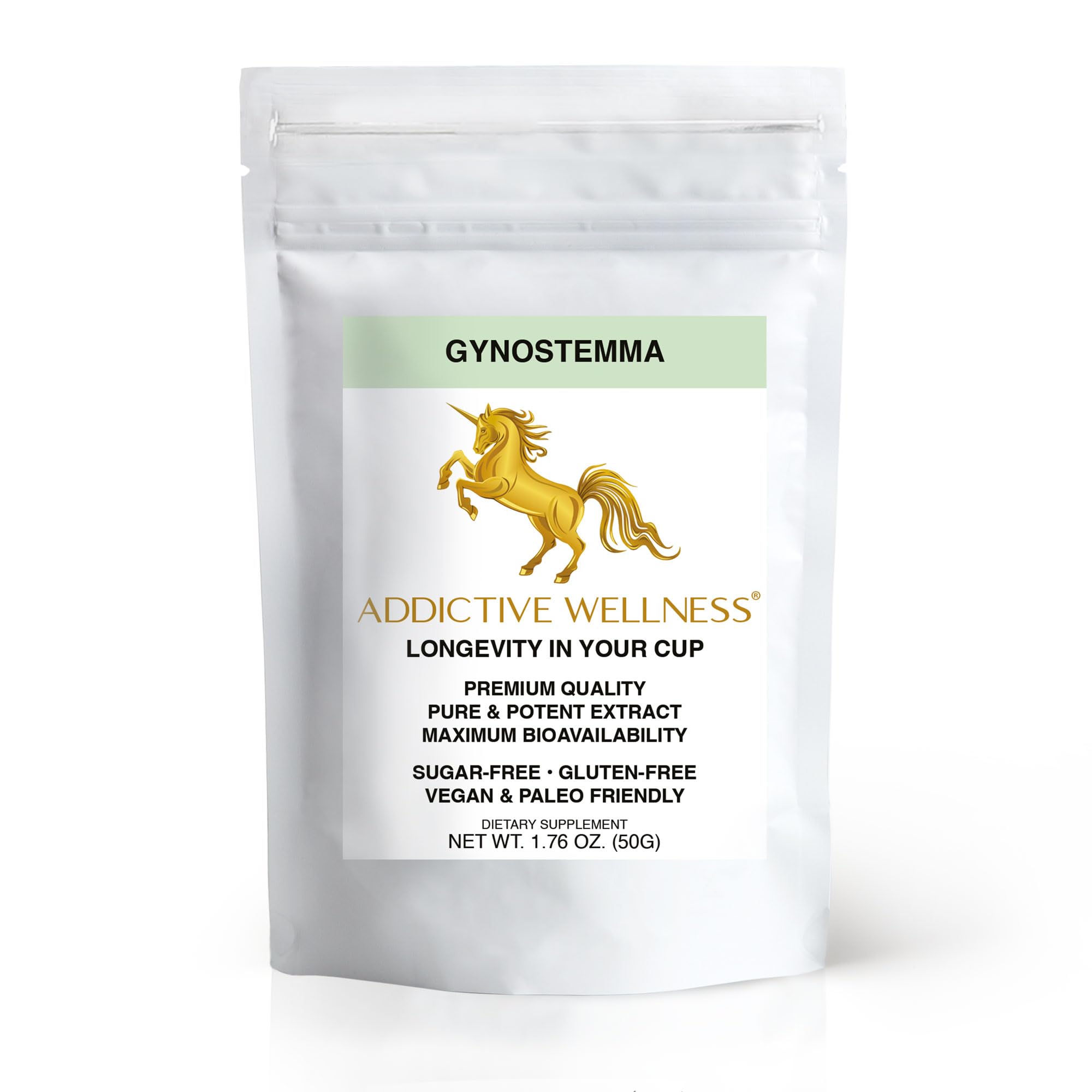 Addictive Wellness Gynostemma leaf extract powder bottle, for daily energy support.