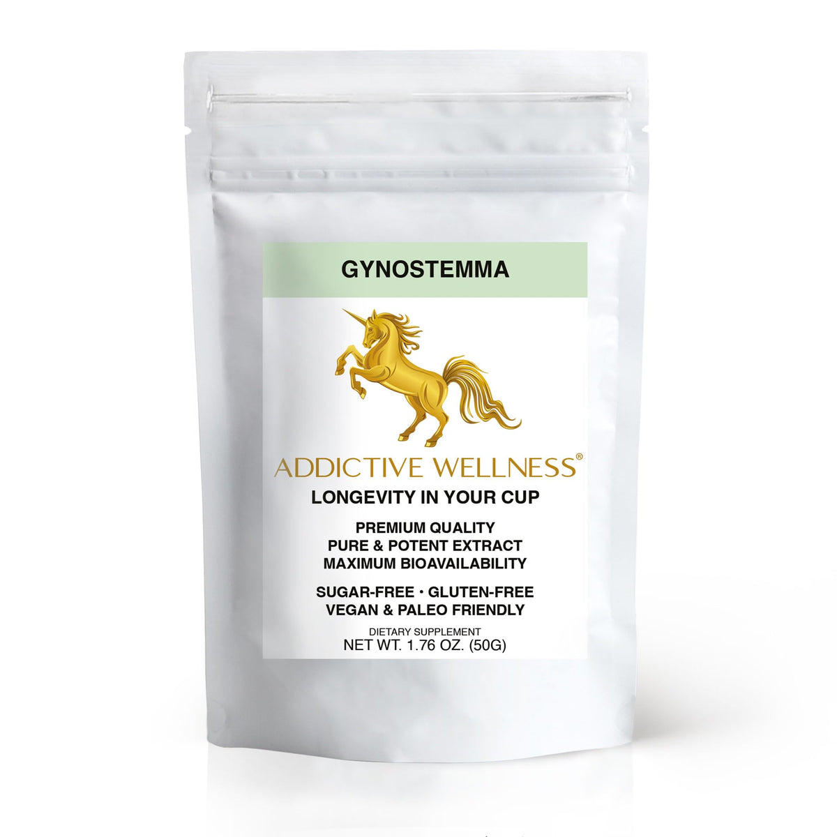 Addictive Wellness Gynostemma leaf extract powder bottle, for daily energy support.