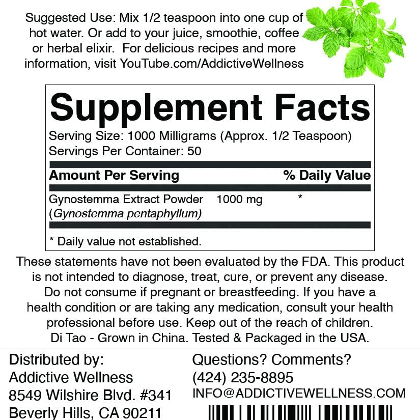 Addictive Wellness Gynostemma powder tub with scoop, ideal for daily resilience.