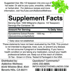 Addictive Wellness Gynostemma powder tub with scoop, ideal for daily resilience.