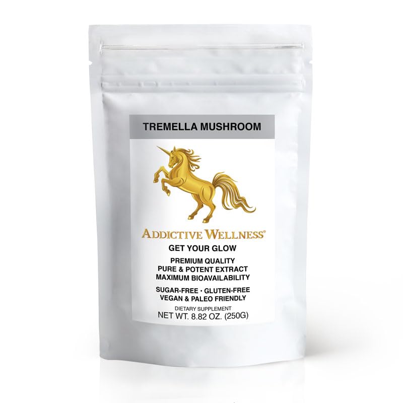 Addictive Wellness Tremella wood-grown powder bottle close-up showing purity and ease of blending in beverages