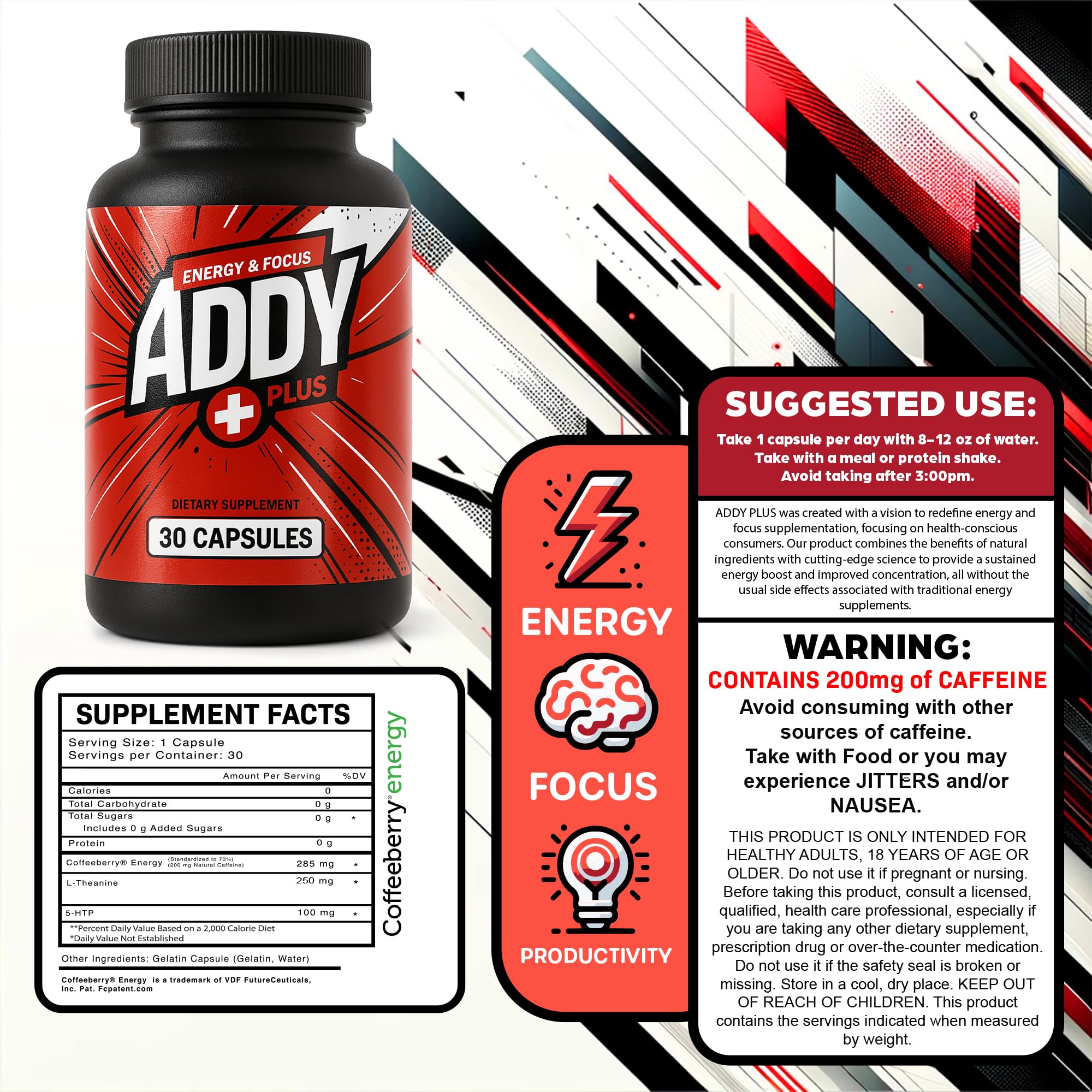 Addy Plus energy moment conveys clean steady alertness