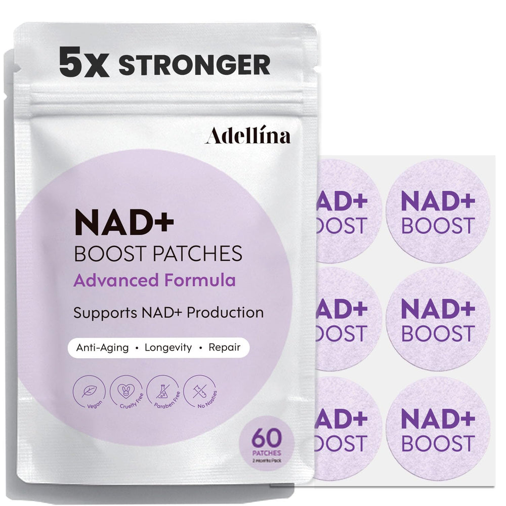 Adellina NAD+ patches bottle label with ingredients blend signaling NMNH and Resveratrol synergy.