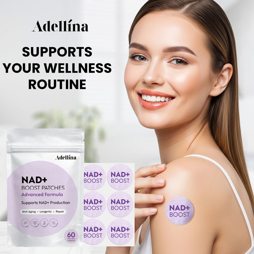 Adellina NAD+ patch skin application close-up showing comfortable texture for gentle wear.