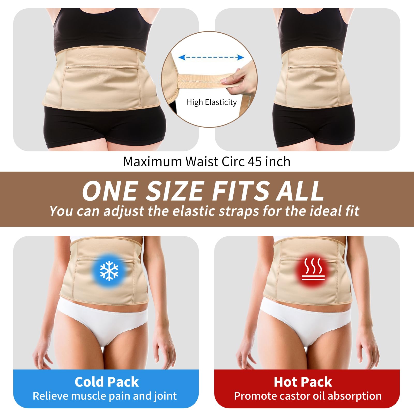 ADEQUAS Castor Oil Pack Wrap waist secure, adjustable support for midsection wear