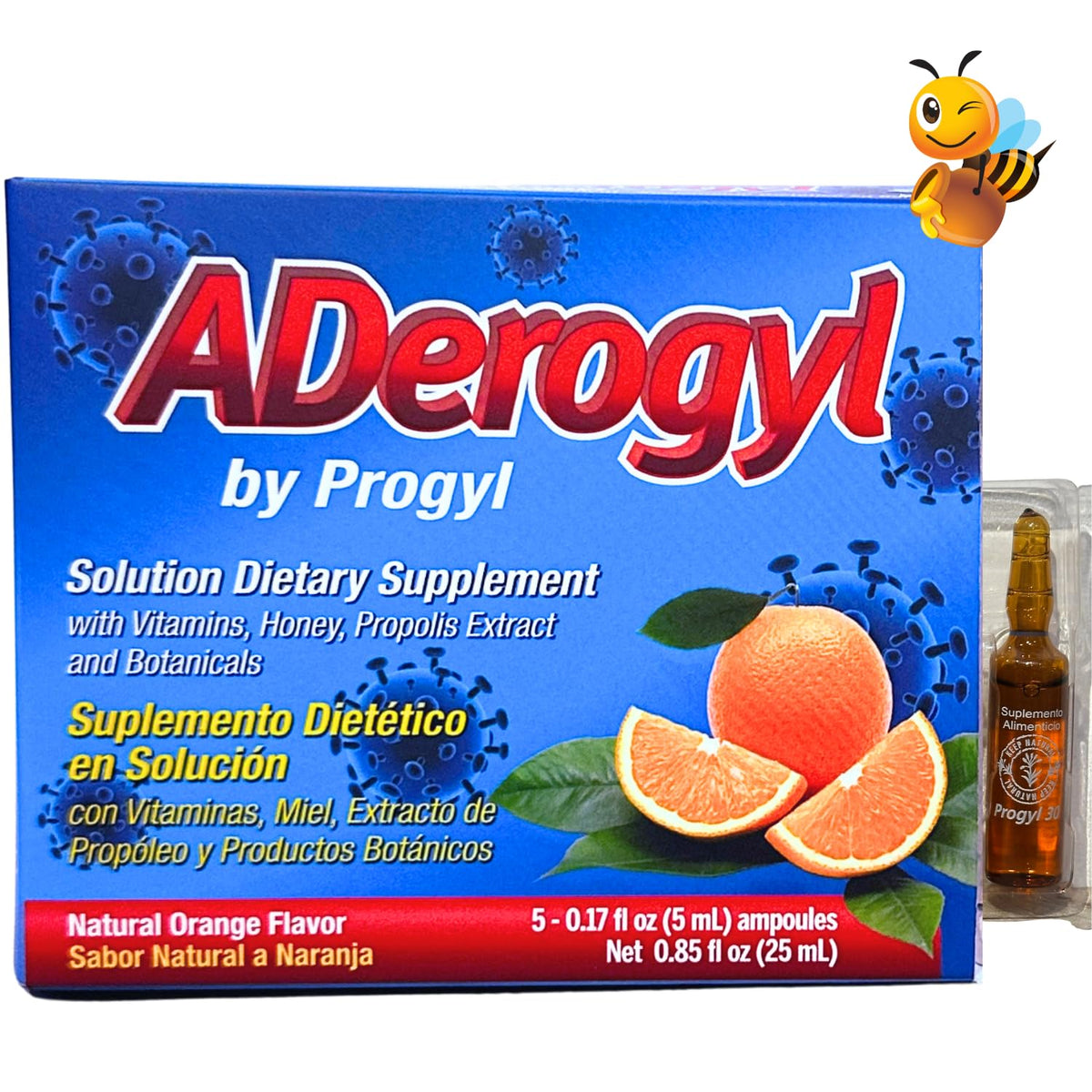 Aderogyl orange-flavor ampoule close-up showing convenient daily immune support.