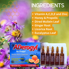 Aderogyl packaging label on an amber bottle displays natural ingredients and orange flavor.