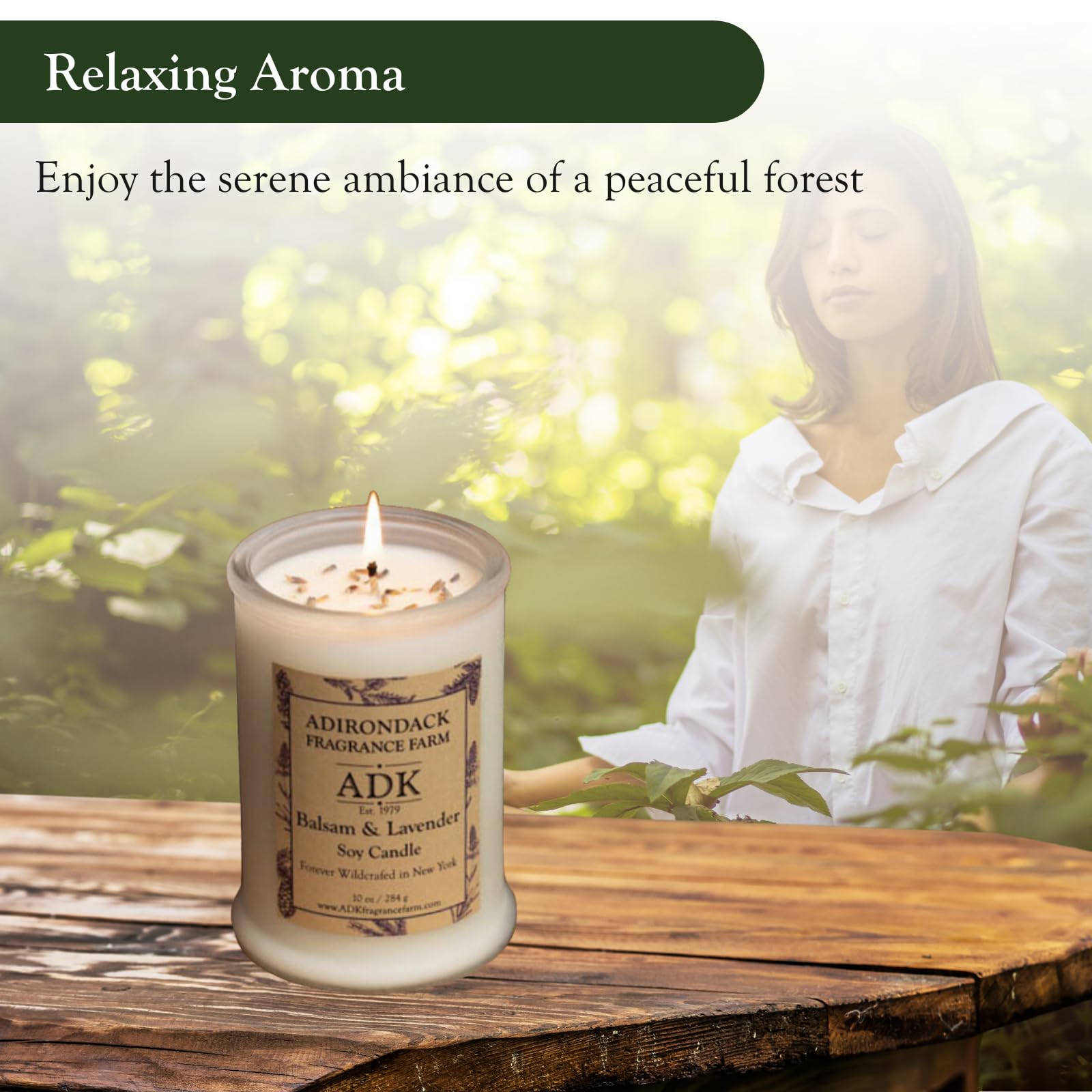 Adirondack Balsam and Lavender candle flame creating a warm, mood-enhancing glow.