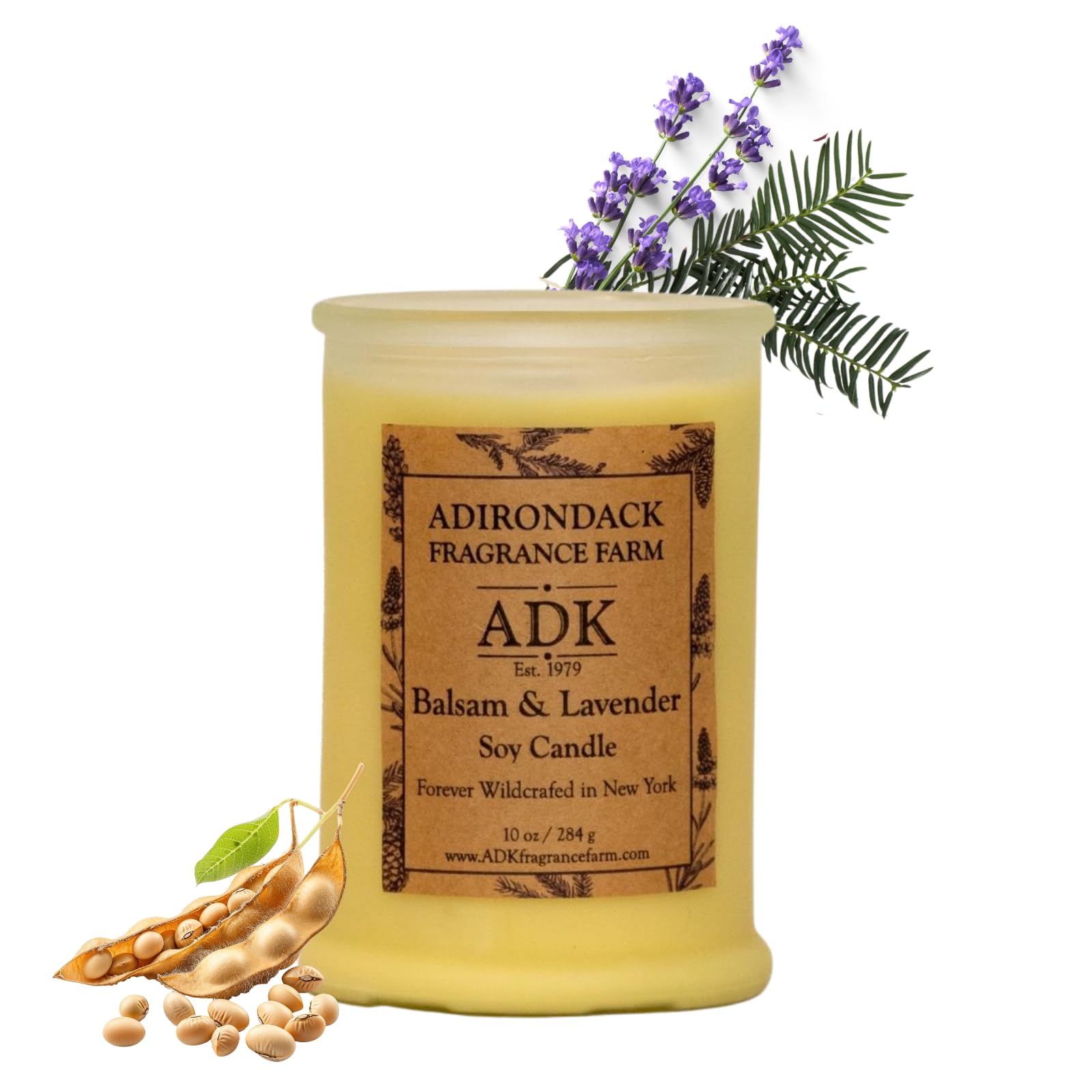 Adirondack Balsam and Lavender candle jar with natural soy wax for a clean, comforting burn.
