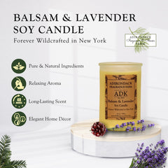Adirondack Balsam and Lavender candle label close-up highlighting premium ingredients.