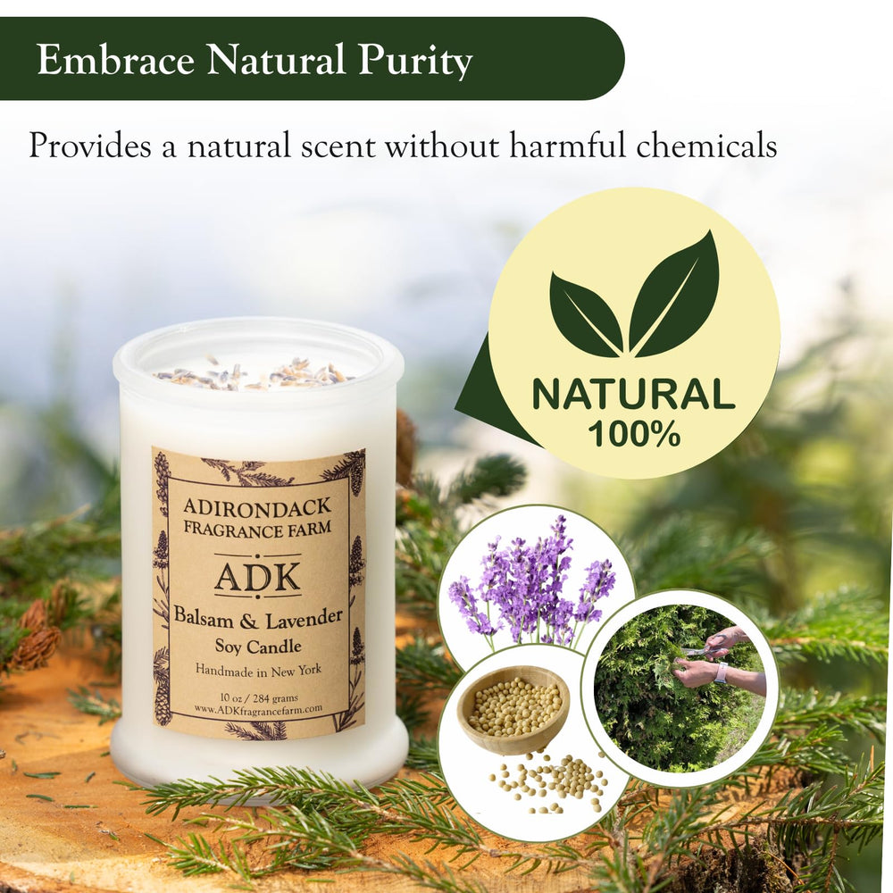 Adirondack Balsam and Lavender candle ingredients emphasizing soy wax and essential oils.