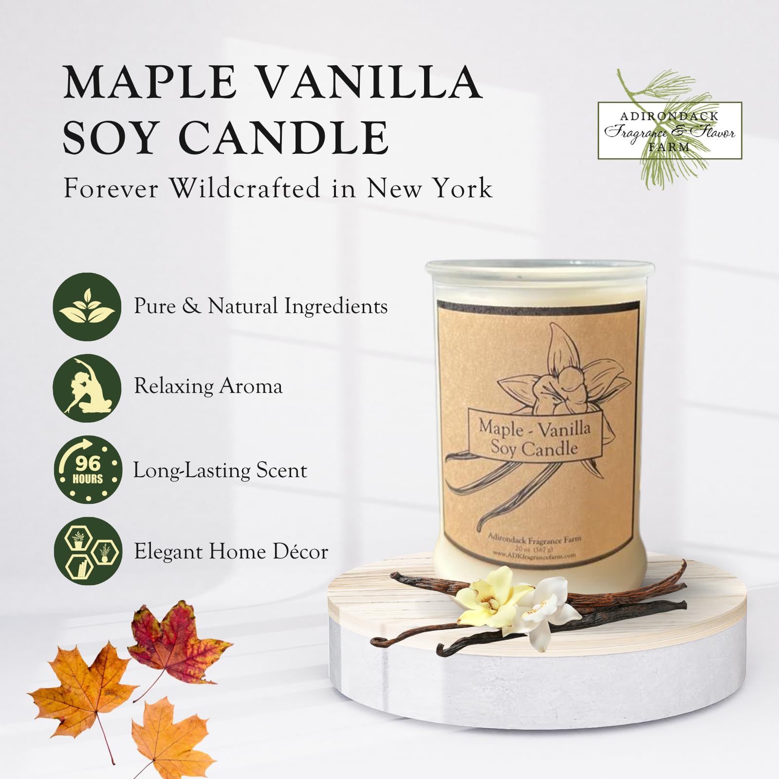 adirondack Maple Vanilla candle label highlights premium soy blend for a clean burn