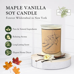 adirondack Maple Vanilla candle label highlights premium soy blend for a clean burn