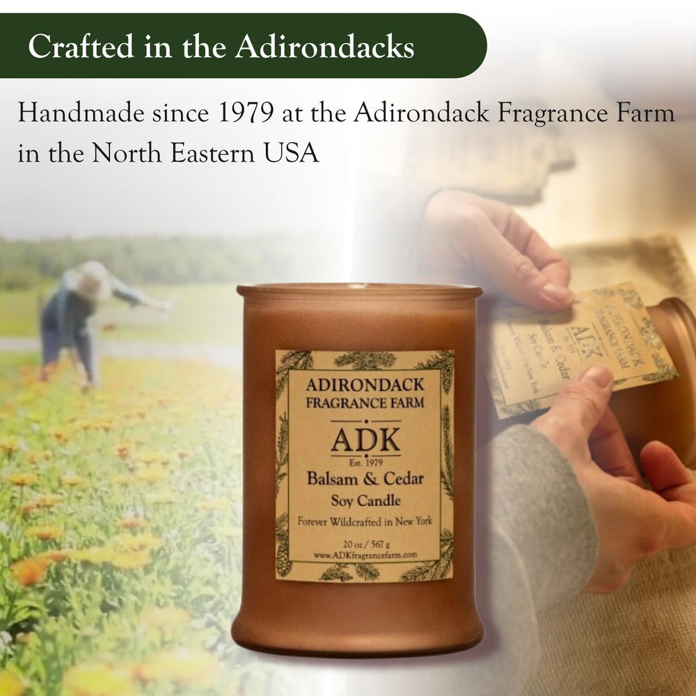 ADK Balsam & Cedar candle in gift box evokes coziness.