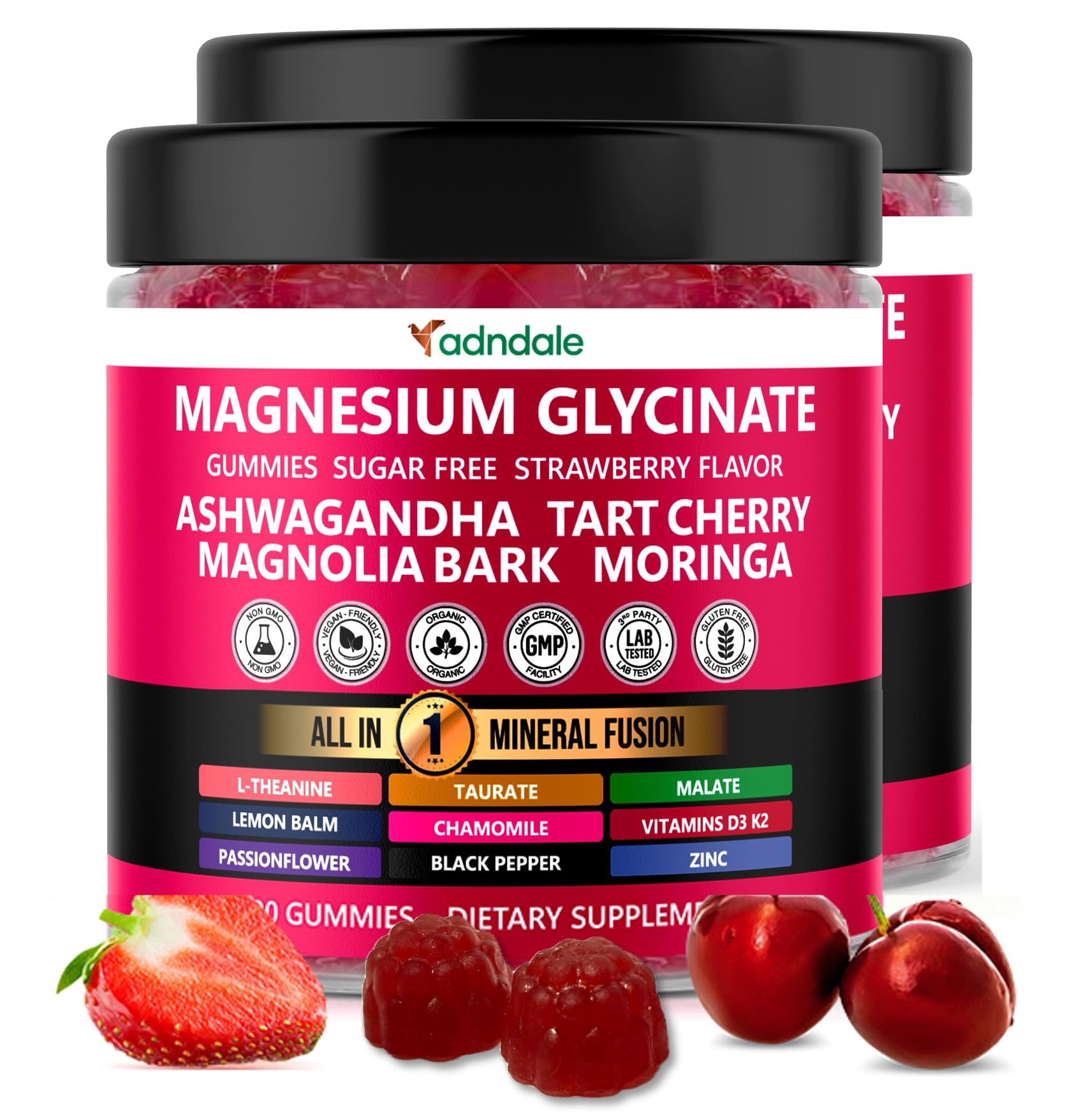 Adndale bottle-front showing the 180ct 15-in-1 magnesium gummy blend for daily wellness