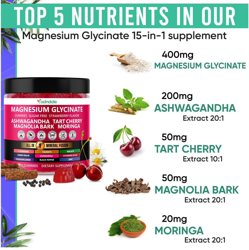Adndale Magnesium Glycinate Gummies close-up shows strawberry flavor and smooth texture