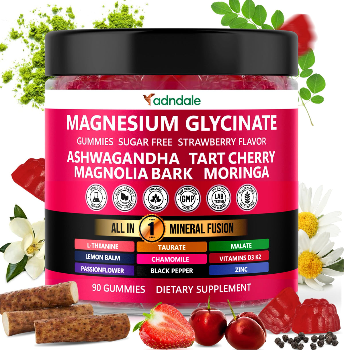 Adndale Magnesium Glycinate Gummies bottle label highlighting mood support