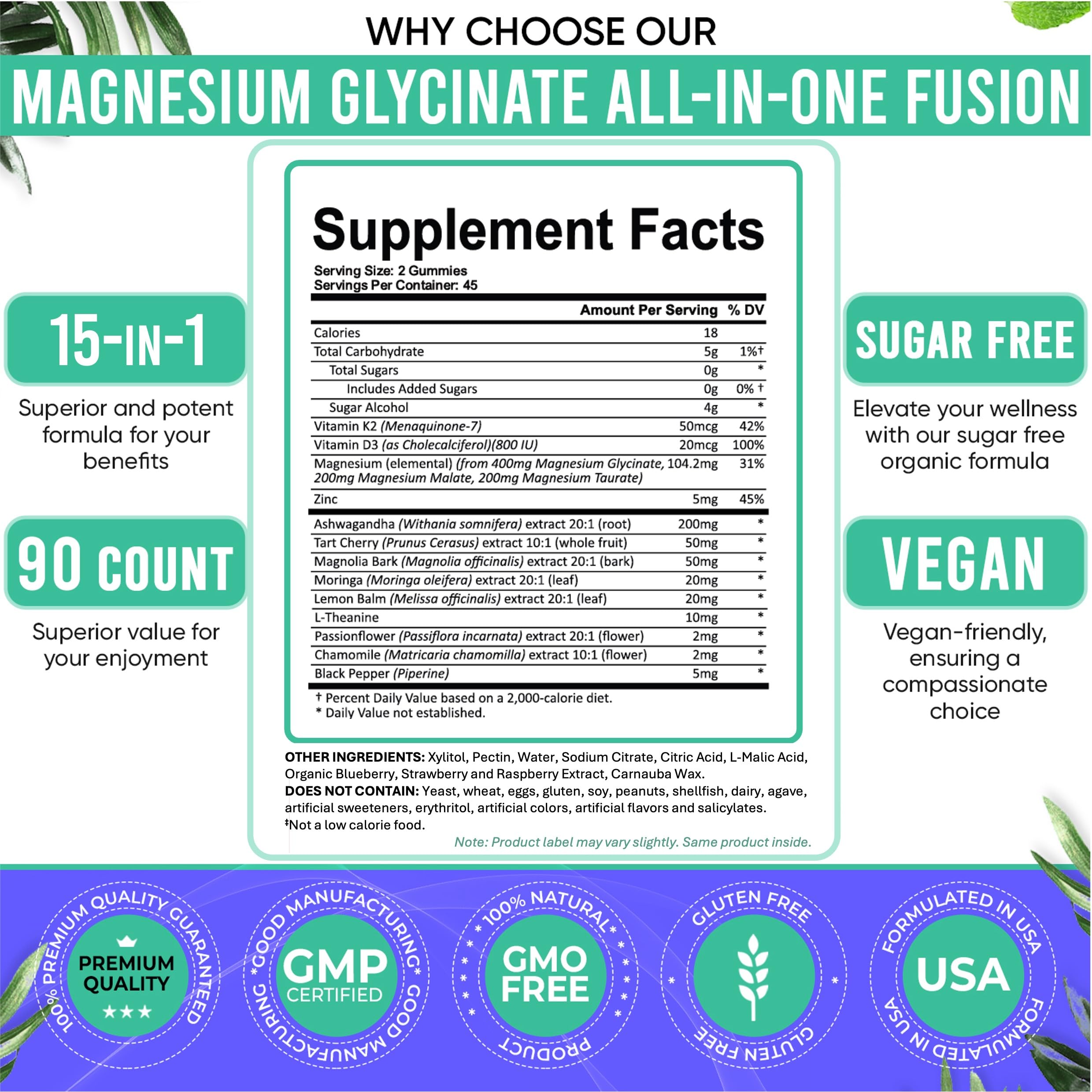 Adndale Magnesium Glycinate Gummies ingredients panel with 15-in-1 fusion