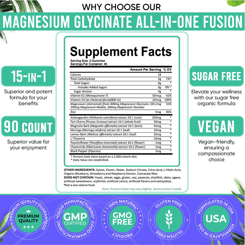 Adndale Magnesium Glycinate Gummies ingredients panel with 15-in-1 fusion