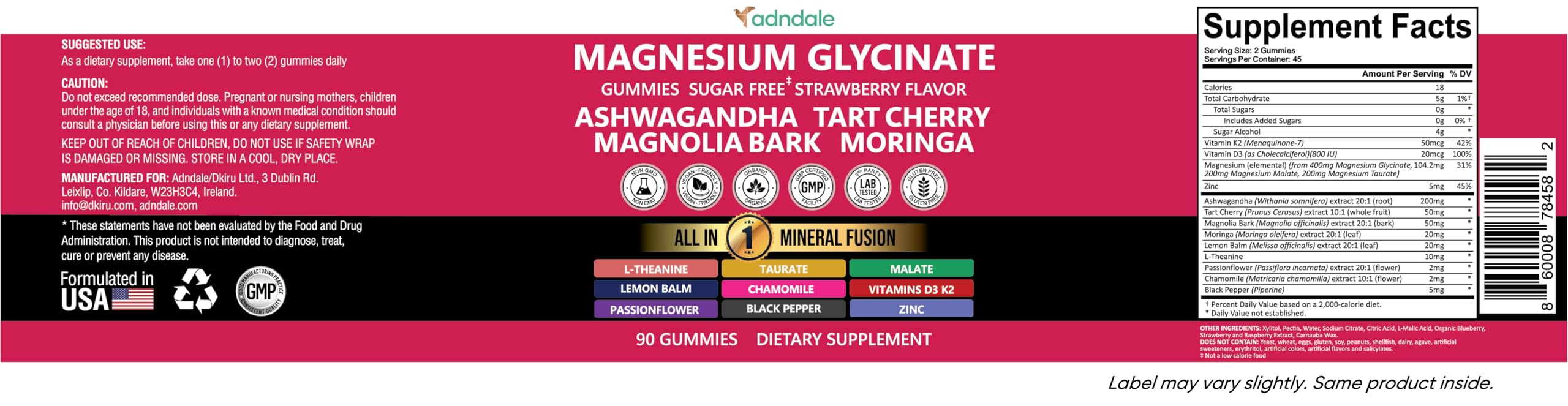 Adndale Magnesium Glycinate Gummies on shelf with product details