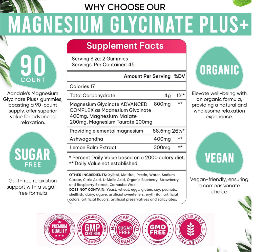 Adndale Magnesium Glycinate Gummies Ashwagandha Lemon Balm label highlighting calming blend.