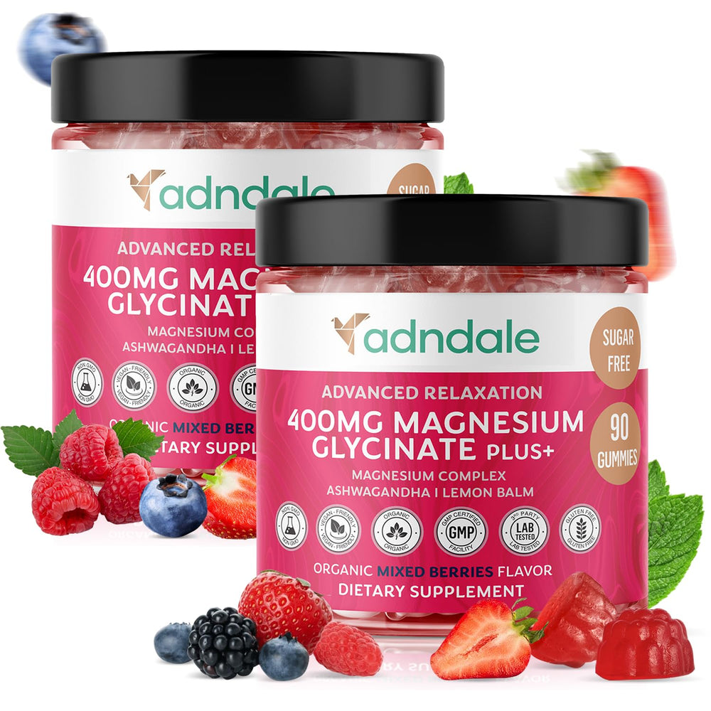 Adndale Magnesium Glycinate Gummies jar showing the triple mineral complex for calm relaxation