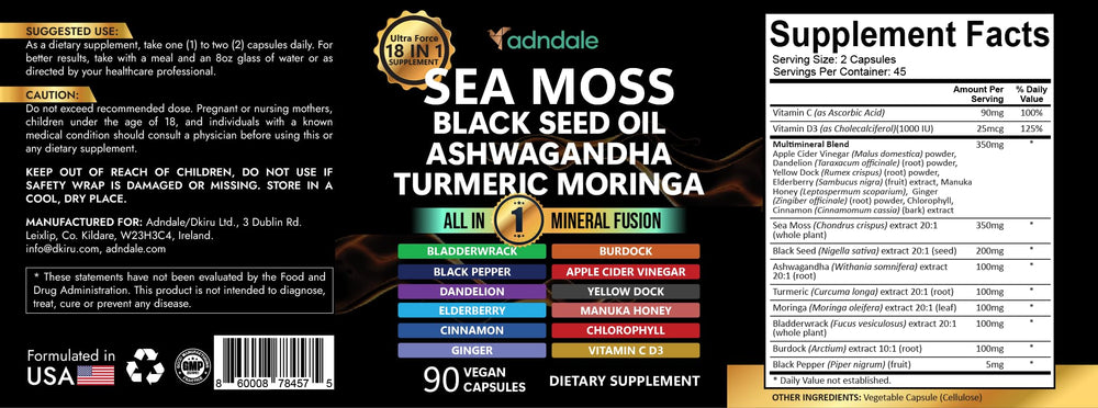 Adndale Sea Moss 90 capsules bottle providing a 45-day supply