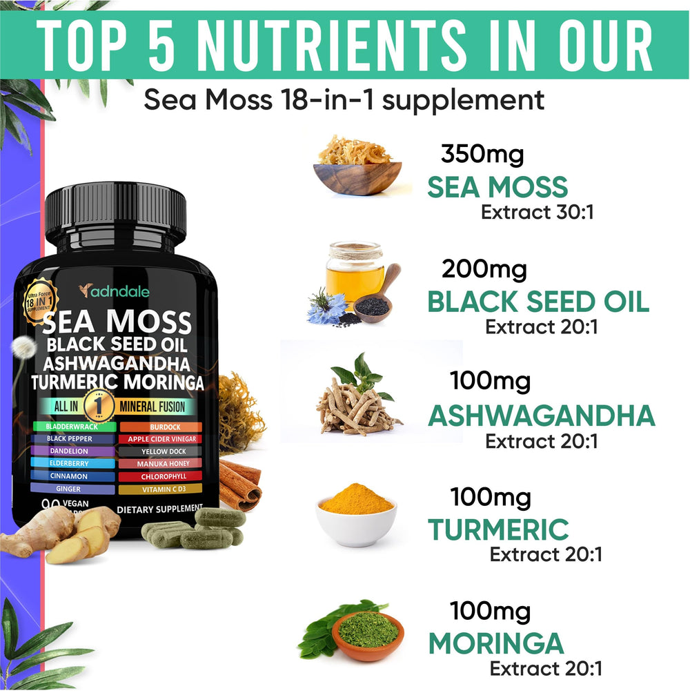 Adndale Sea Moss Black Seed Oil capsules on pack for daily energy