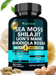 Adndale sea moss capsules packaging highlights vegan, non-GMO daily energy support