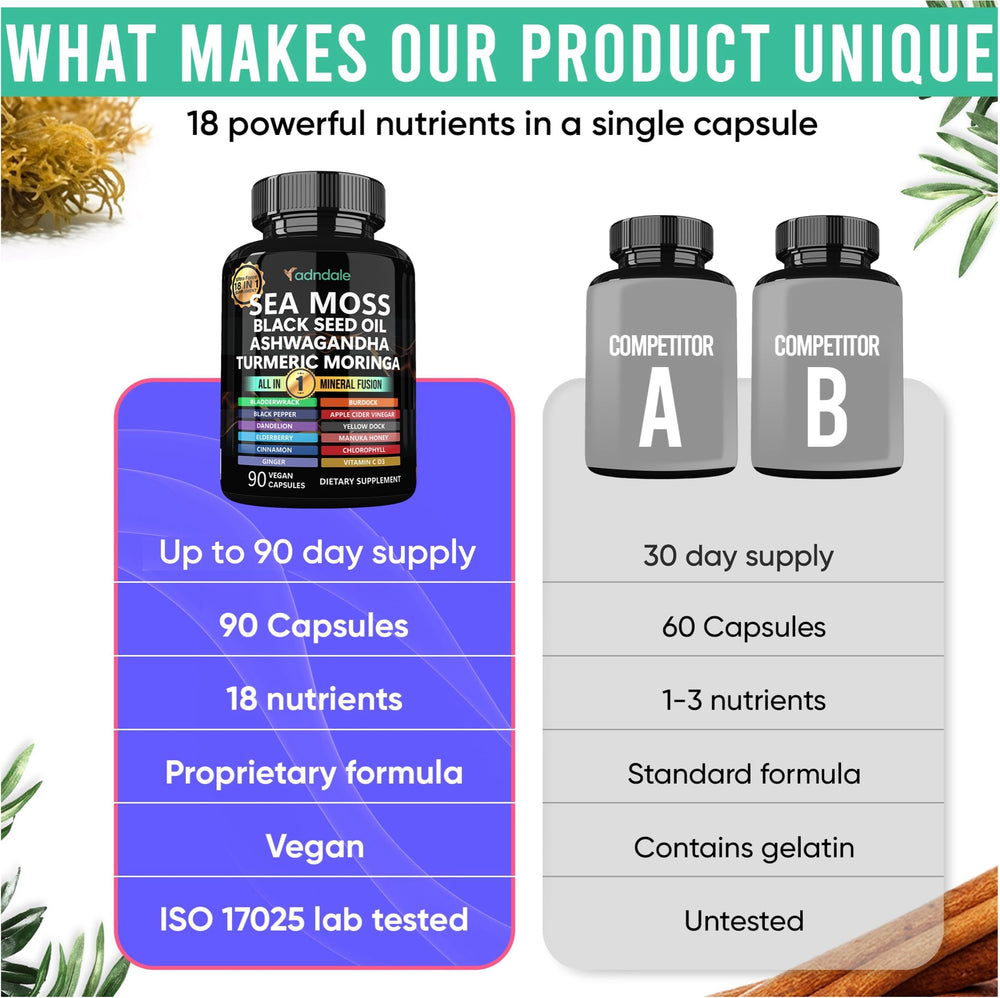 Adndale Sea Moss Vitamin C D3 capsules with essential nutrients