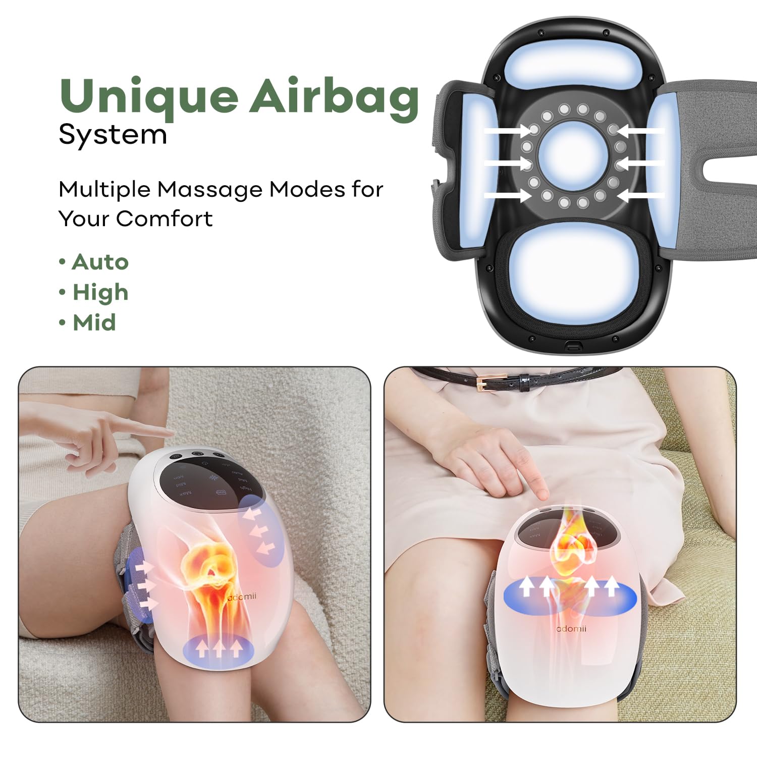 adomii ergonomic airbag design showing adjustable compression around the knee