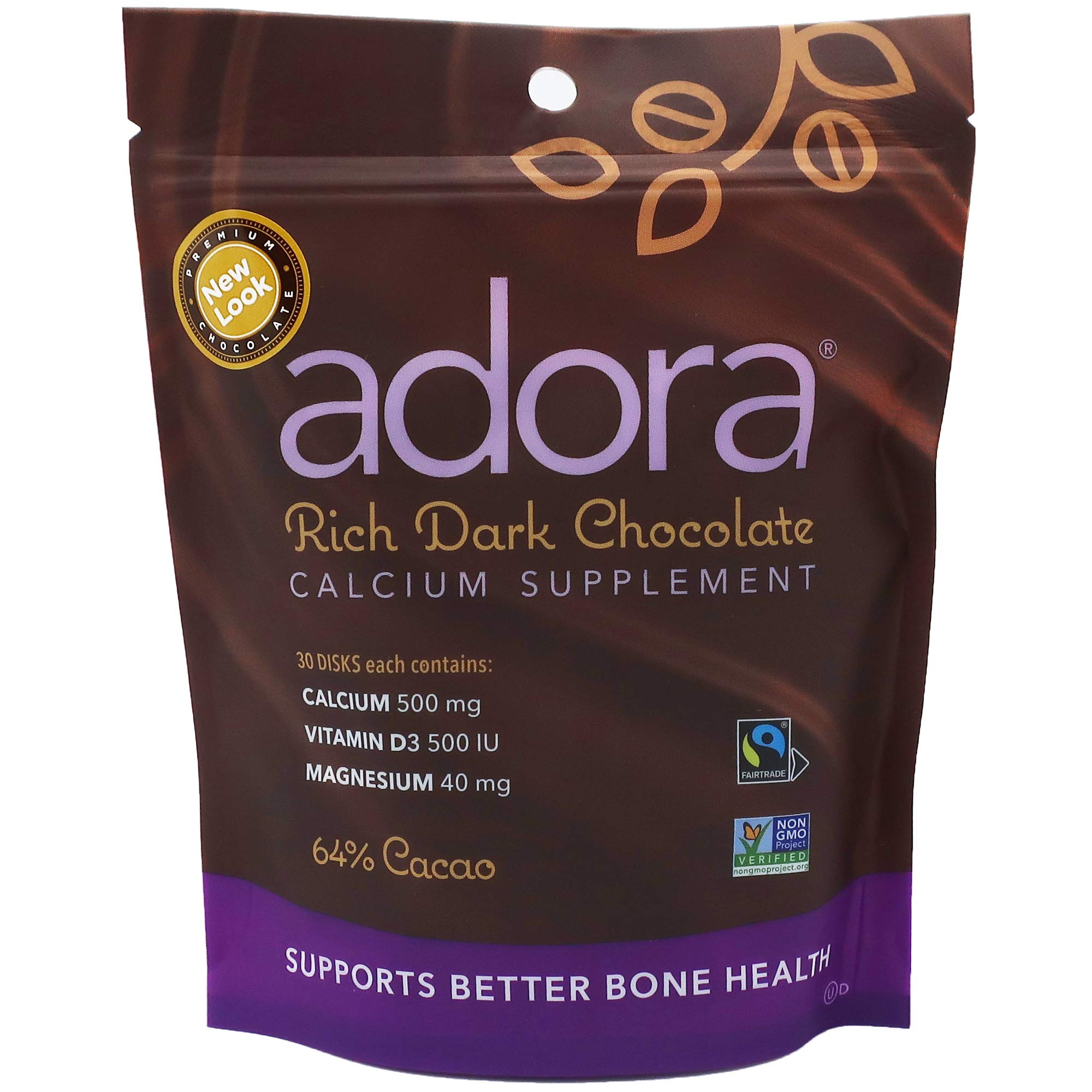 Adora calcium supplement dark chocolate disk close-up for a tasty daily calcium boost.