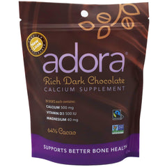 Adora calcium supplement dark chocolate disk close-up for a tasty daily calcium boost.