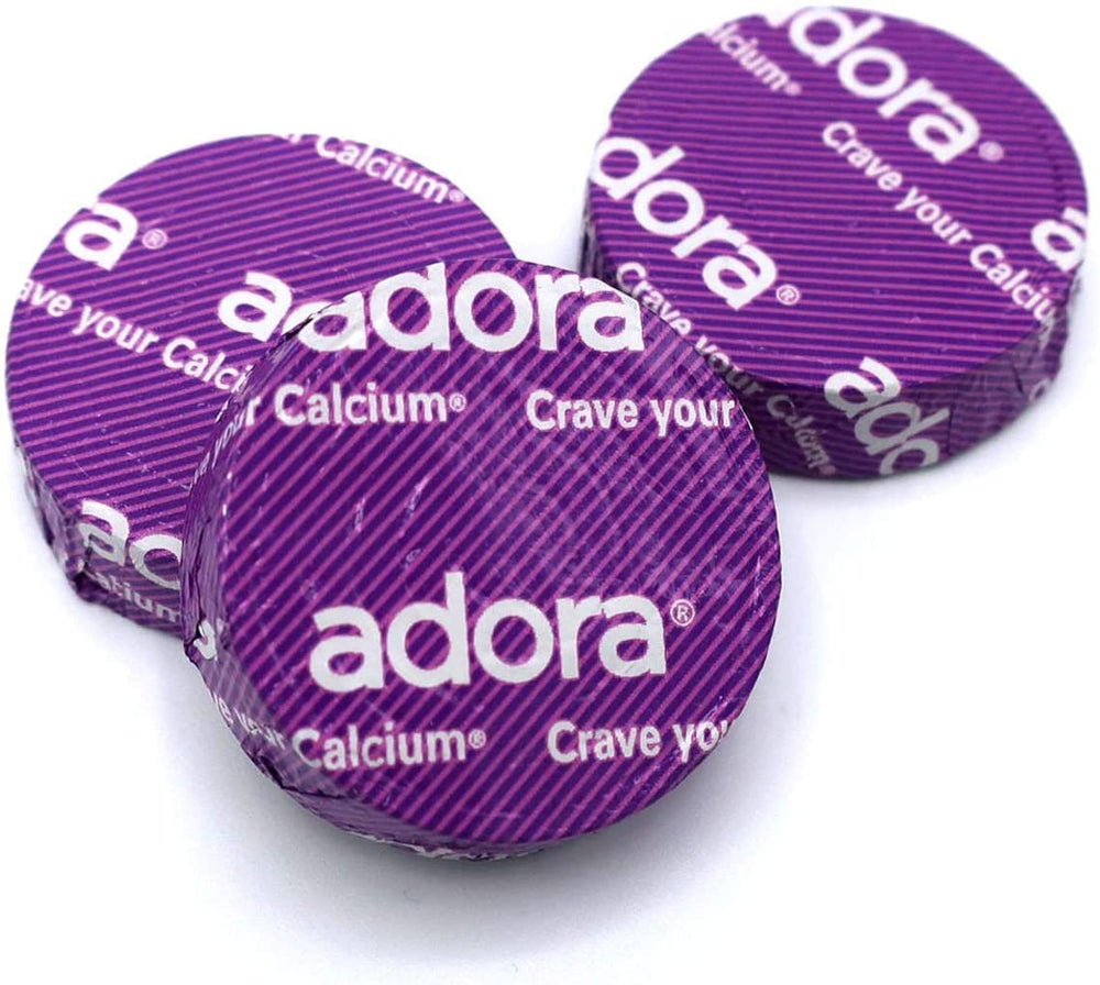 Adora Calcium dark chocolate disks 4-pack back view with Vitamin D3 information