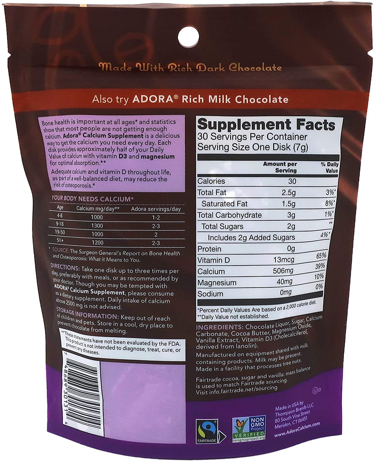 Adora Calcium dark chocolate disks 4-pack close-up showing rich cocoa detail and flavor
