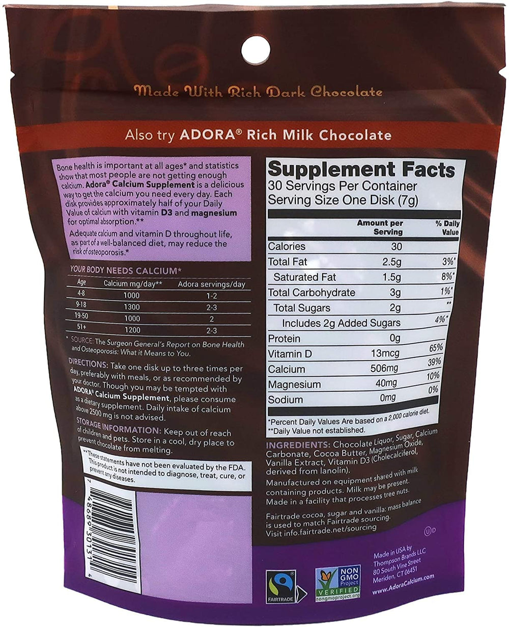 Adora Calcium dark chocolate disks 4-pack close-up showing rich cocoa detail and flavor