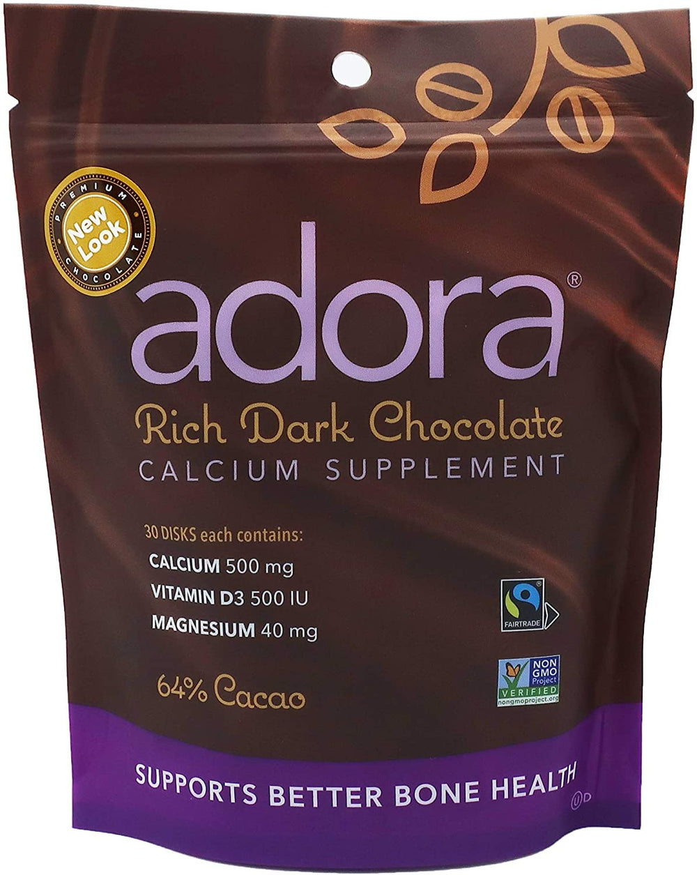 Adora Calcium dark chocolate disks 4-pack front view highlighting calcium support