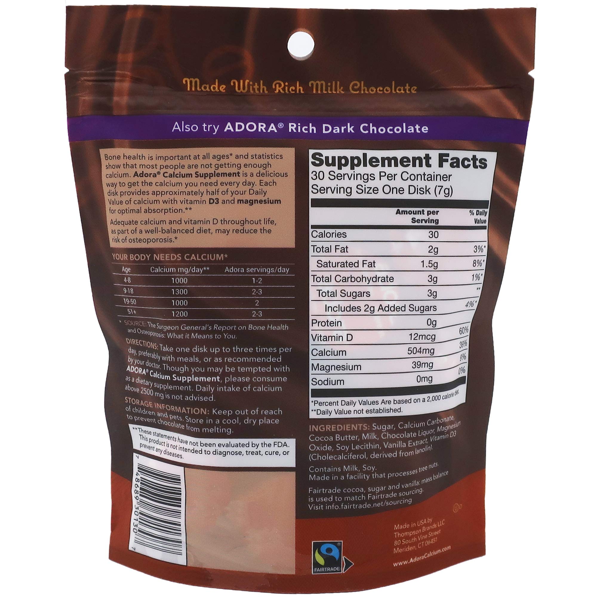 Close-up of Adora Calcium Supplement disk highlights calcium, vitamin D3, and magnesium content.