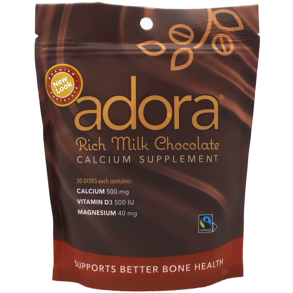Adora Calcium Supplement milk chocolate packaging showing convenient, kosher, fairtrade calcium boost.