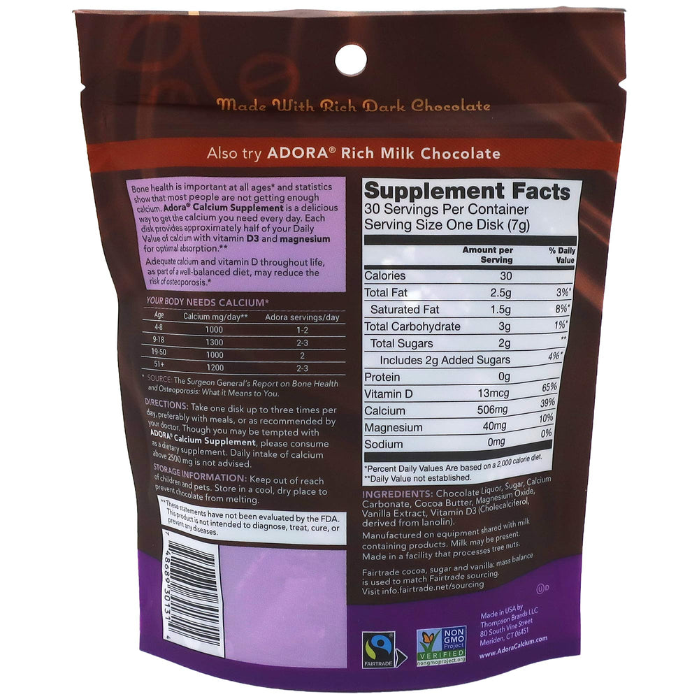 Adora dark chocolate calcium disk showcases premium taste and easy calcium support.