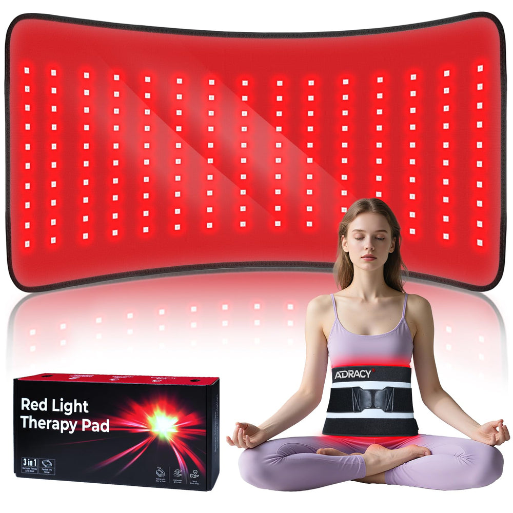 Adracy red light therapy pad targeting the back with deep 660nm and 850nm wavelengths.